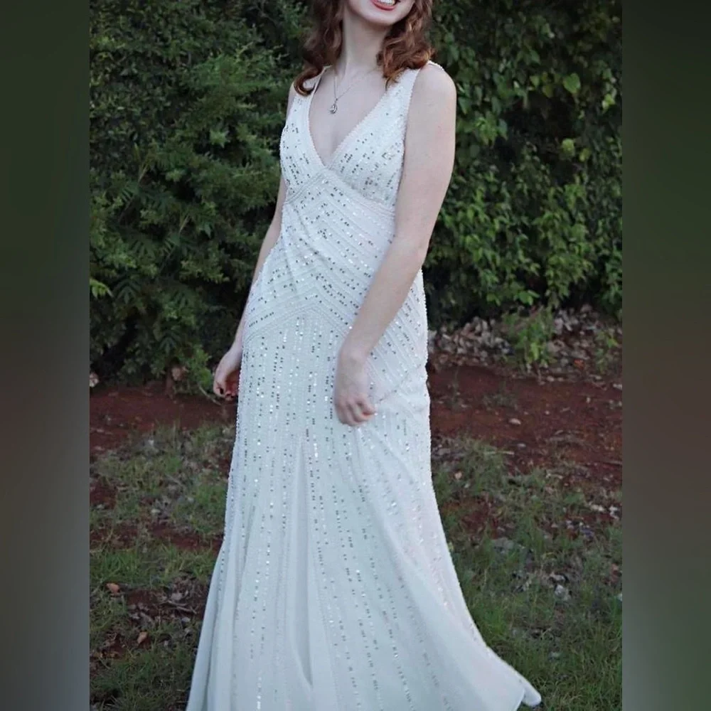 Aidan Mattox White Beaded V-Neck Prom Dress - Picture 7 of 8